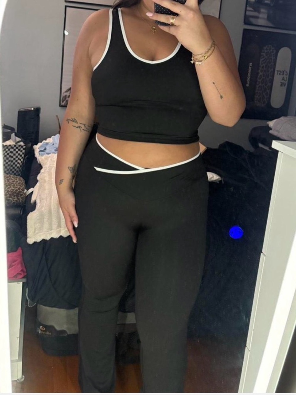 SHEIN Black High-Waist Track Pants with White Trim